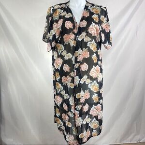 Lilian Kimono Black Floral Semi Sheer Slit Sides Size 2X